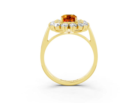 Yellow gold Emerald Cut Halo Cluster Diamond Ring with Pave Band and Four-Prong Setting_15