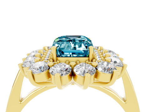 Yellow gold Emerald Cut Halo Cluster Diamond Ring with Pave Band and Four-Prong Setting_16