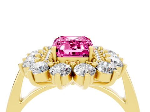 Yellow gold Emerald Cut Halo Cluster Diamond Ring with Pave Band and Four-Prong Setting_16