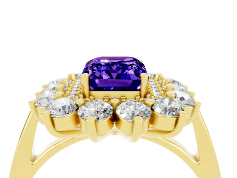 Yellow gold Emerald Cut Halo Cluster Diamond Ring with Pave Band and Four-Prong Setting_16