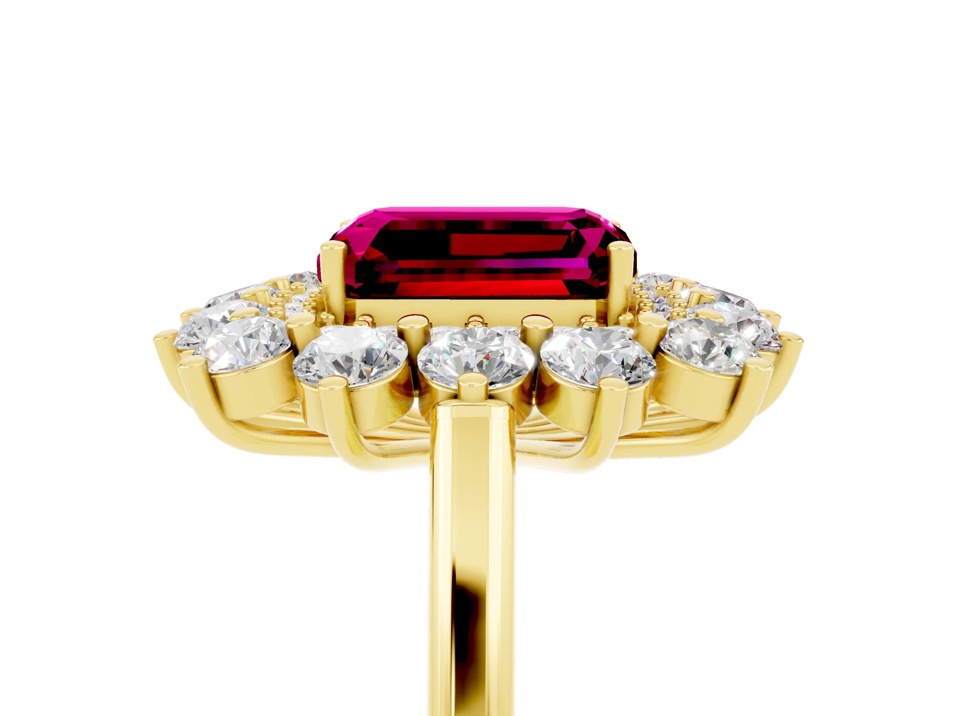 Yellow gold Emerald Cut Halo Cluster Diamond Ring with Pave Band and Four-Prong Setting_17