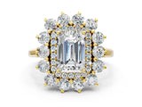 Yellow gold Emerald Cut Halo Cluster Diamond Ring with Pave Band and Four-Prong Setting_17