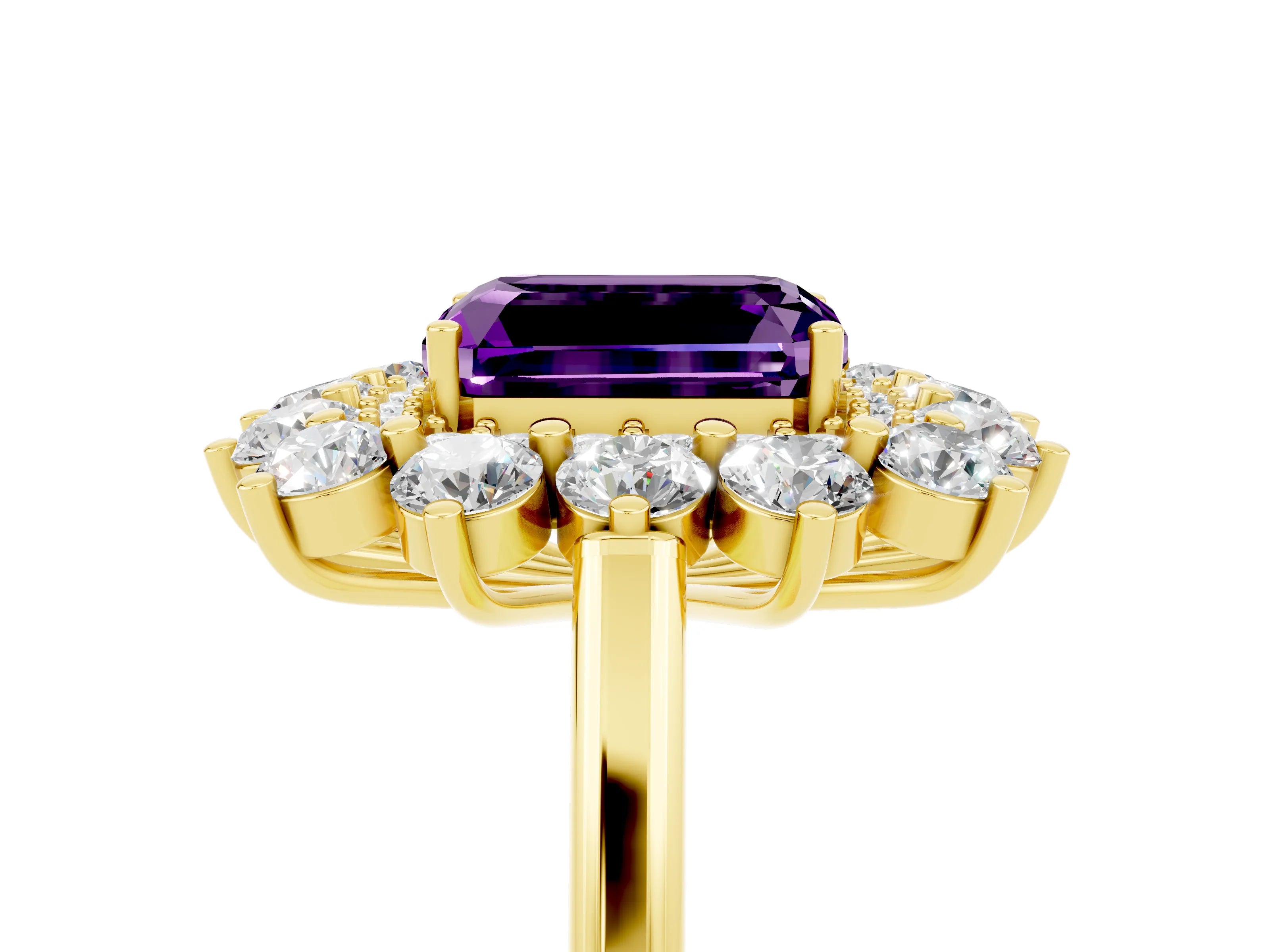 Yellow gold Emerald Cut Halo Cluster Diamond Ring with Pave Band and Four-Prong Setting_17