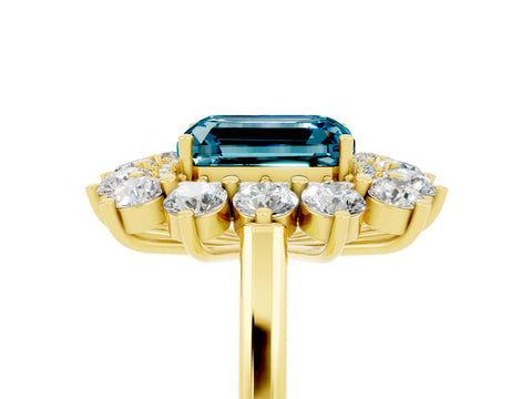 Yellow gold Emerald Cut Halo Cluster Diamond Ring with Pave Band and Four-Prong Setting_17