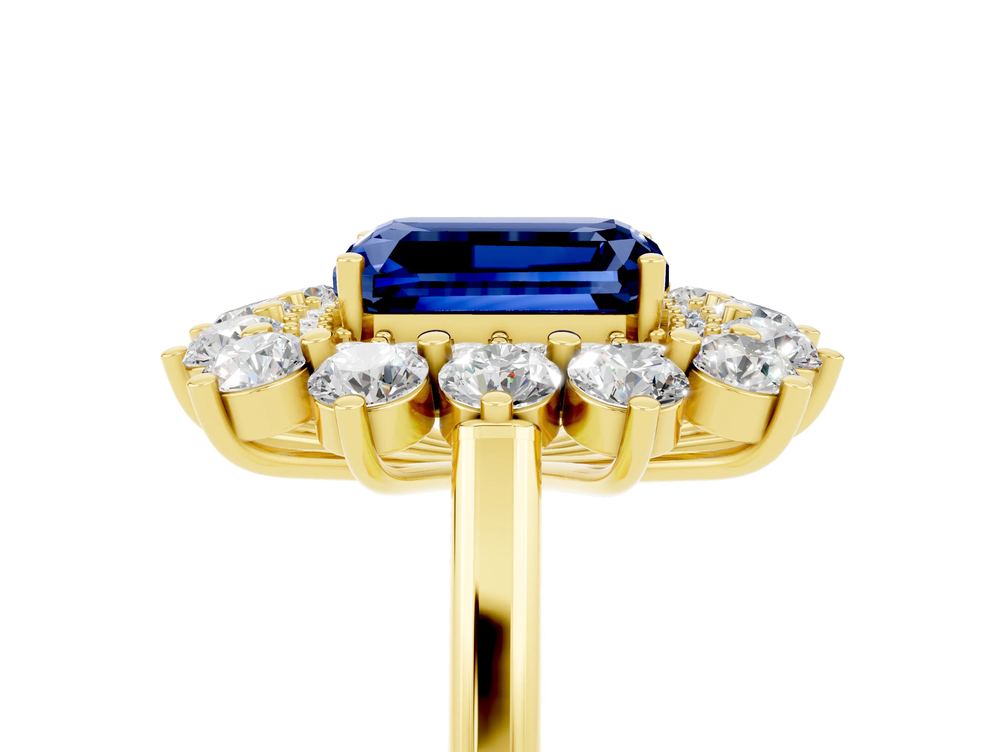 Yellow gold Emerald Cut Halo Cluster Diamond Ring with Pave Band and Four-Prong Setting_17