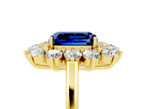 Yellow gold Emerald Cut Halo Cluster Diamond Ring with Pave Band and Four-Prong Setting_17