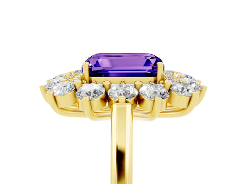 Yellow gold Emerald Cut Halo Cluster Diamond Ring with Pave Band and Four-Prong Setting_17