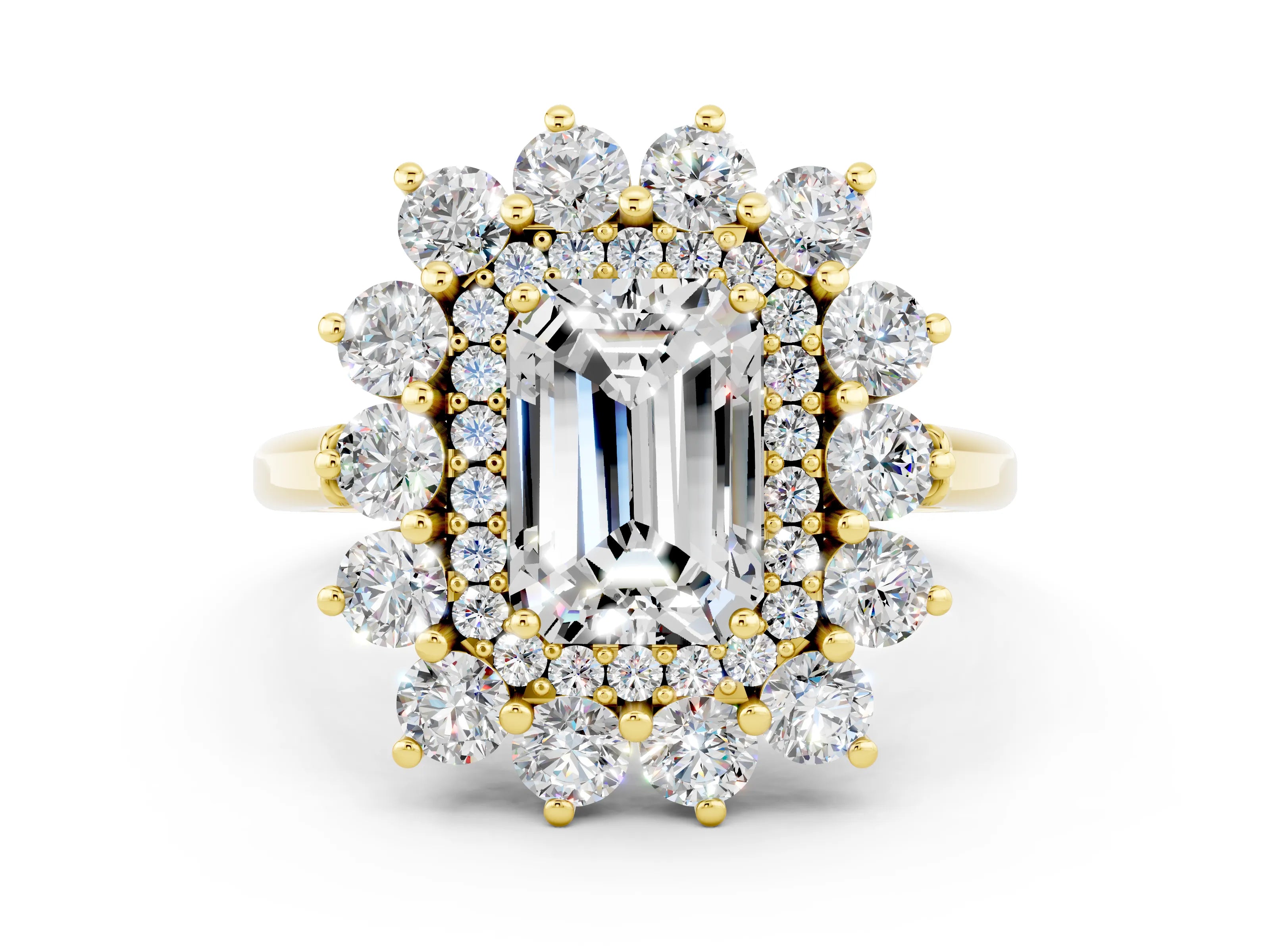 Yellow gold Emerald Cut Halo Cluster Diamond Ring with Pave Band and Four-Prong Setting_18