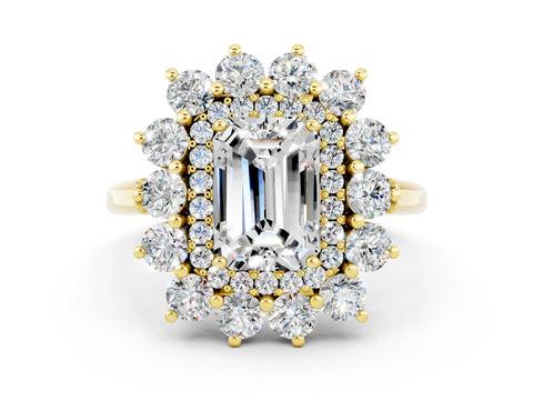 Yellow gold Emerald Cut Halo Cluster Diamond Ring with Pave Band and Four-Prong Setting_18