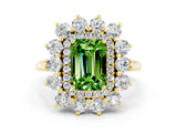 Yellow gold Emerald Cut Halo Cluster Diamond Ring with Pave Band and Four-Prong Setting