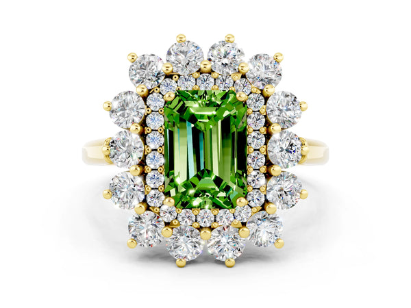 Yellow gold Emerald Cut Halo Cluster Diamond Ring with Pave Band and Four-Prong Setting
