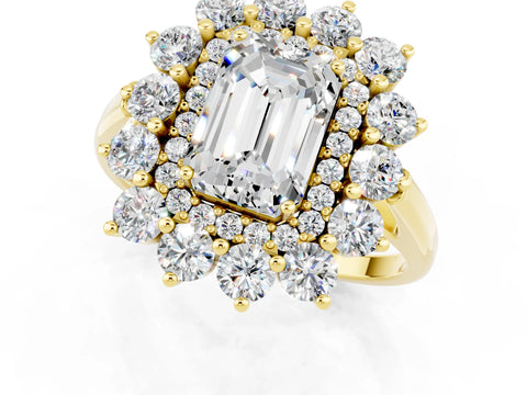 Yellow gold Emerald Cut Halo Cluster Diamond Ring with Pave Band and Four-Prong Setting_19