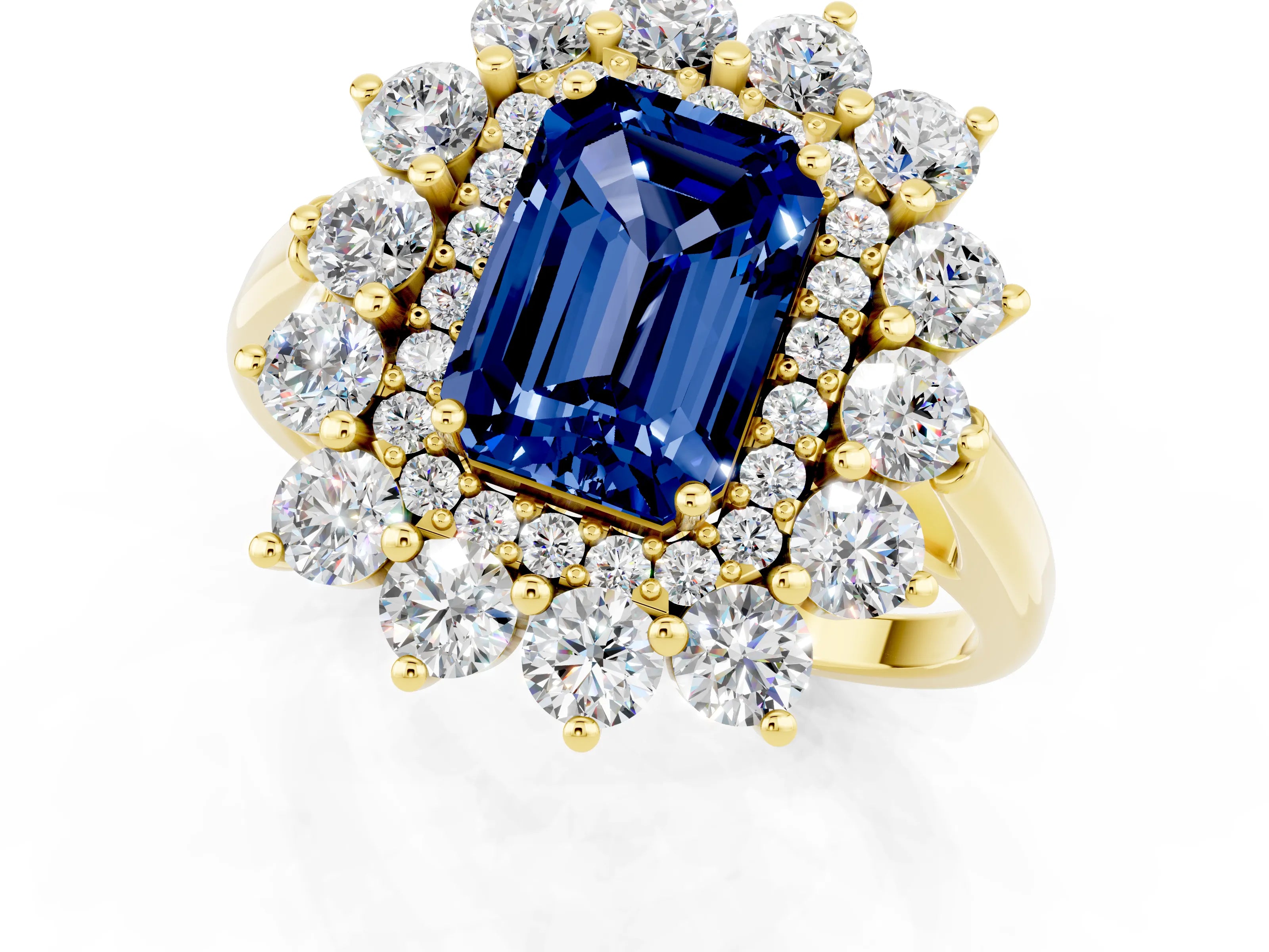 Yellow gold Emerald Cut Halo Cluster Diamond Ring with Pave Band and Four-Prong Setting_1