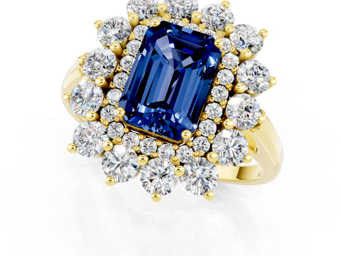 Yellow gold Emerald Cut Halo Cluster Diamond Ring with Pave Band and Four-Prong Setting_1