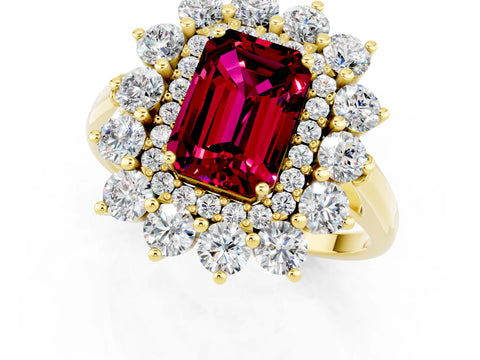 Yellow gold Emerald Cut Halo Cluster Diamond Ring with Pave Band and Four-Prong Setting_1