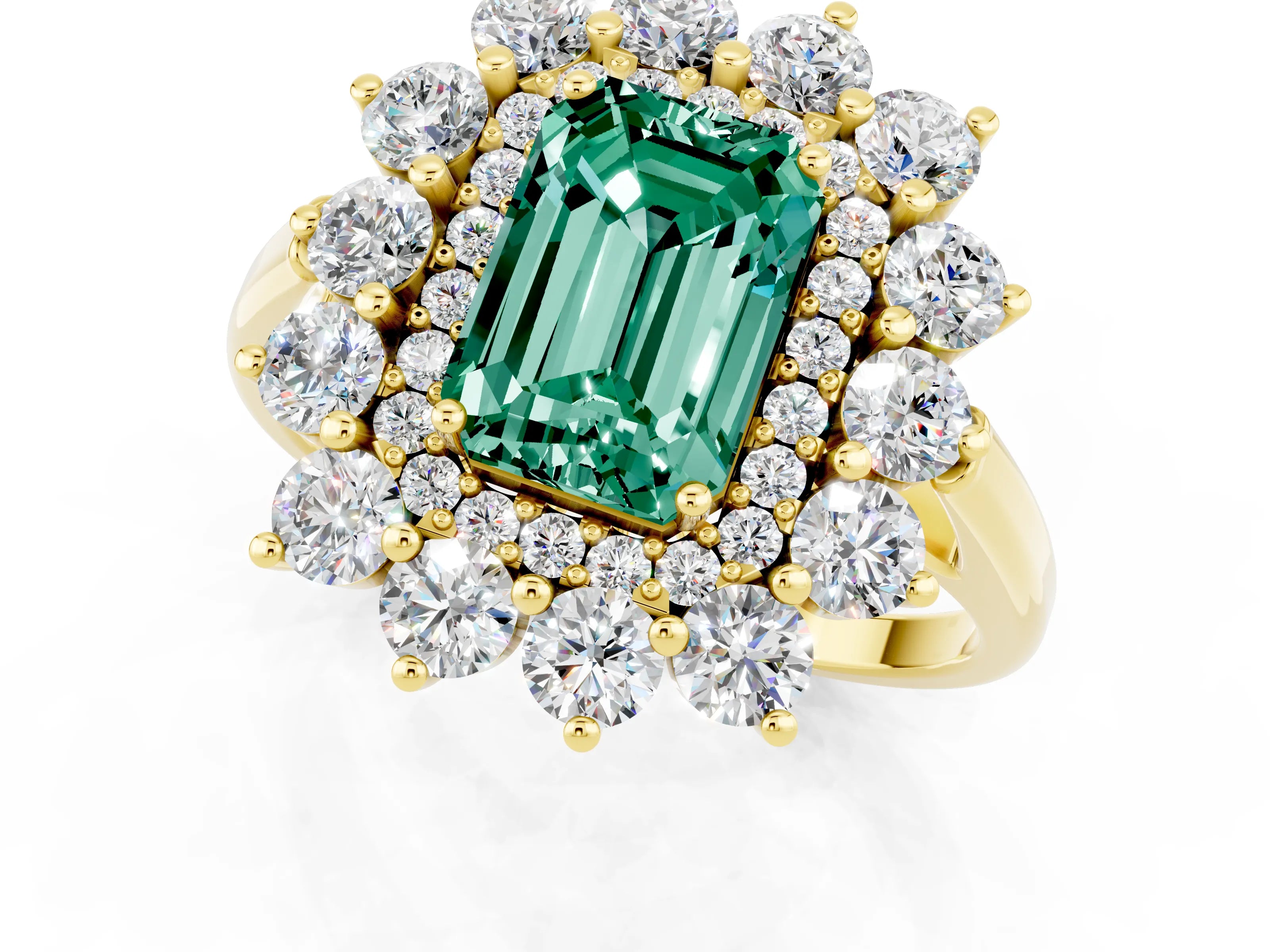 Yellow gold Emerald Cut Halo Cluster Diamond Ring with Pave Band and Four-Prong Setting_1