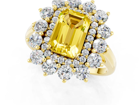 Yellow gold Emerald Cut Halo Cluster Diamond Ring with Pave Band and Four-Prong Setting_1