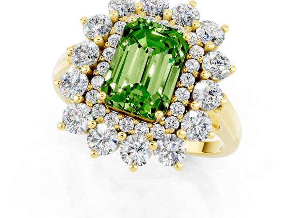 Yellow gold Emerald Cut Halo Cluster Diamond Ring with Pave Band and Four-Prong Setting