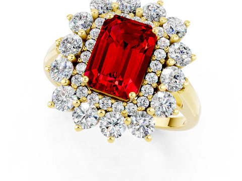 Yellow gold Emerald Cut Halo Cluster Diamond Ring with Pave Band and Four-Prong Setting_1
