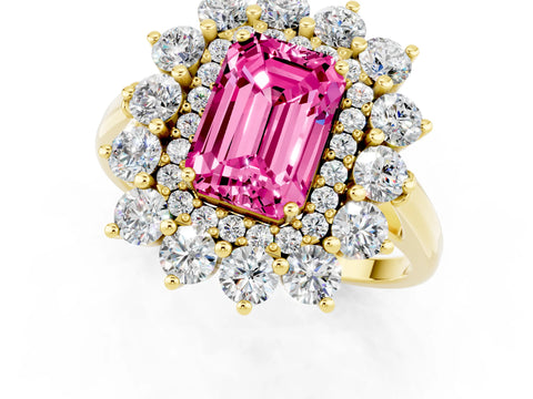 Yellow gold Emerald Cut Halo Cluster Diamond Ring with Pave Band and Four-Prong Setting_1