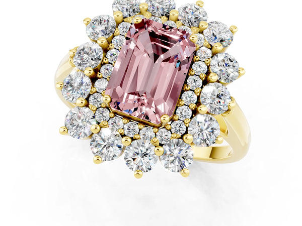 Yellow gold Emerald Cut Halo Cluster Diamond Ring with Pave Band and Four-Prong Setting
