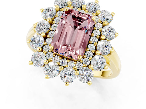 Yellow gold Emerald Cut Halo Cluster Diamond Ring with Pave Band and Four-Prong Setting_1