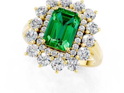 Yellow gold Emerald Cut Halo Cluster Diamond Ring with Pave Band and Four-Prong Setting_1