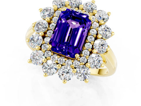Yellow gold Emerald Cut Halo Cluster Diamond Ring with Pave Band and Four-Prong Setting_1