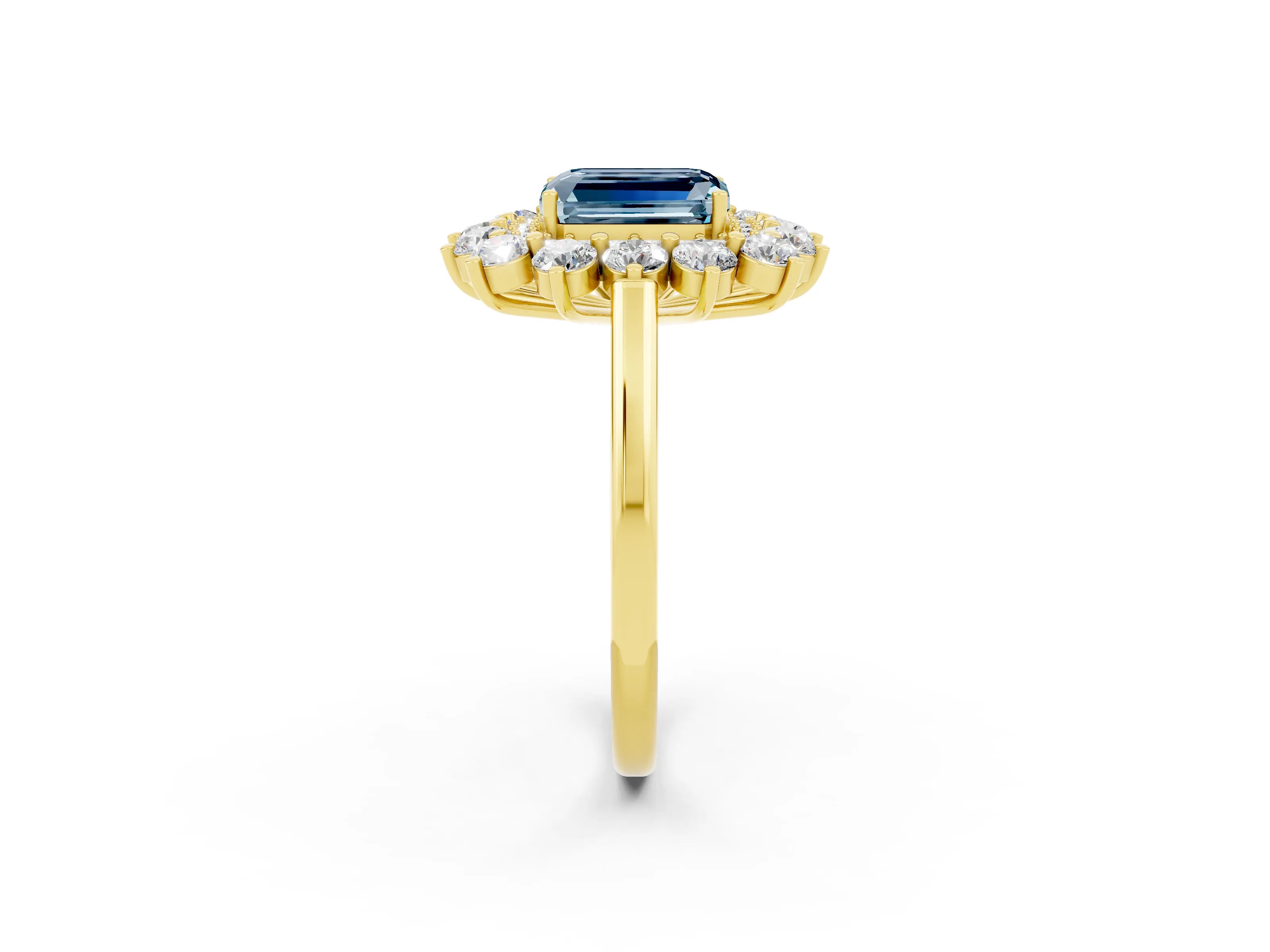Yellow gold Emerald Cut Halo Cluster Diamond Ring with Pave Band and Four-Prong Setting_2