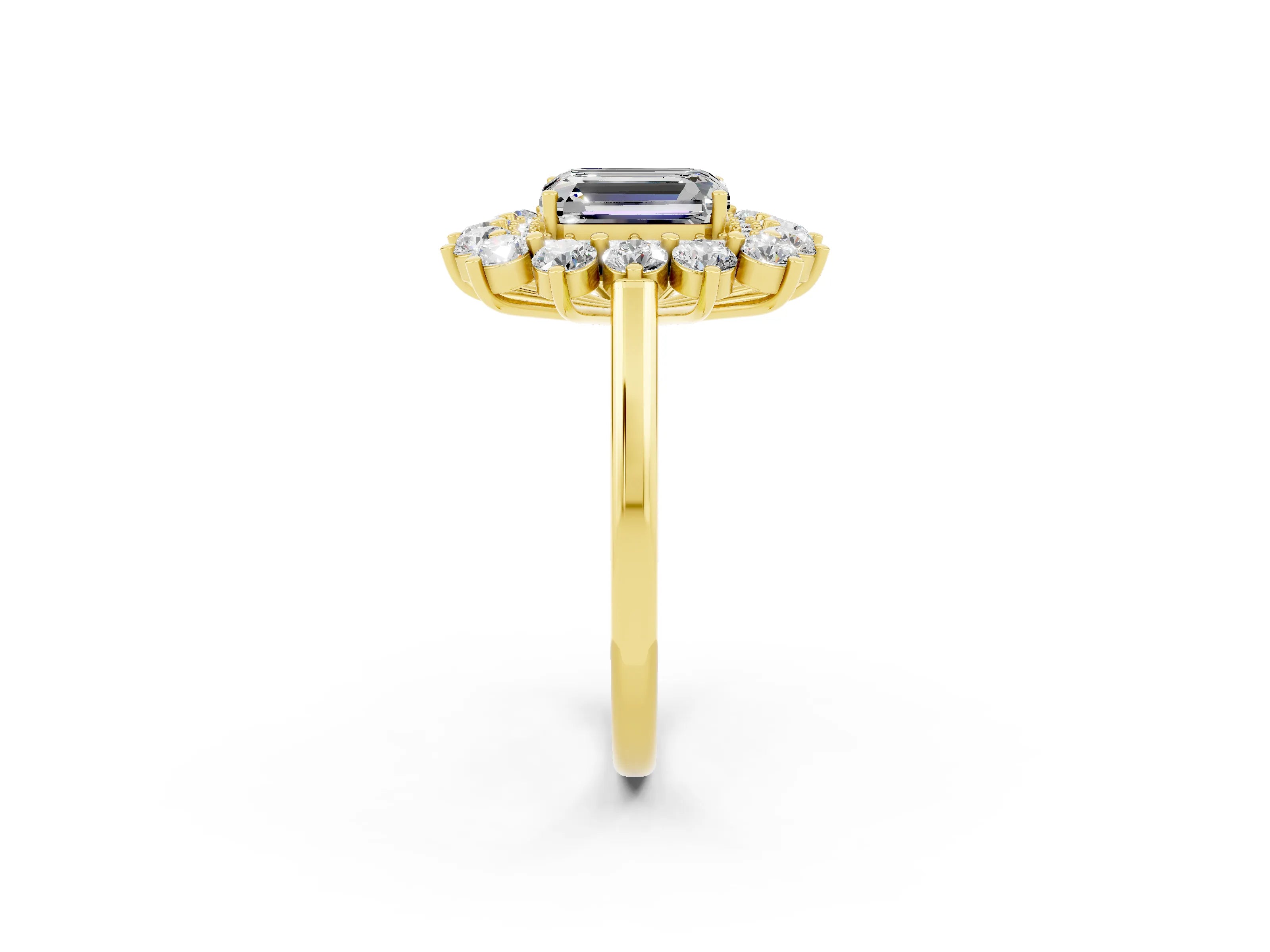 Yellow gold Emerald Cut Halo Cluster Diamond Ring with Pave Band and Four-Prong Setting_20