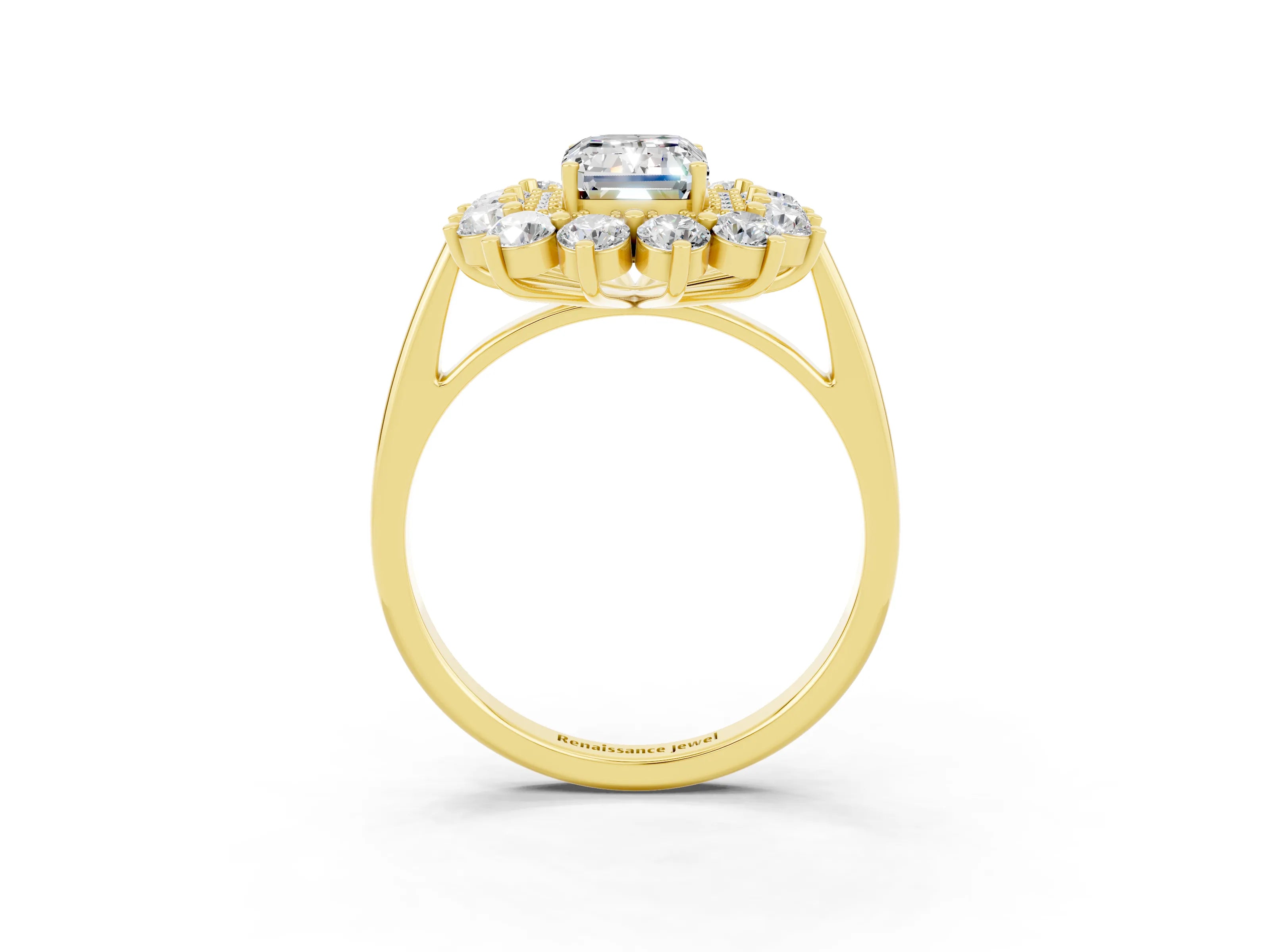 Yellow gold Emerald Cut Halo Cluster Diamond Ring with Pave Band and Four-Prong Setting_21
