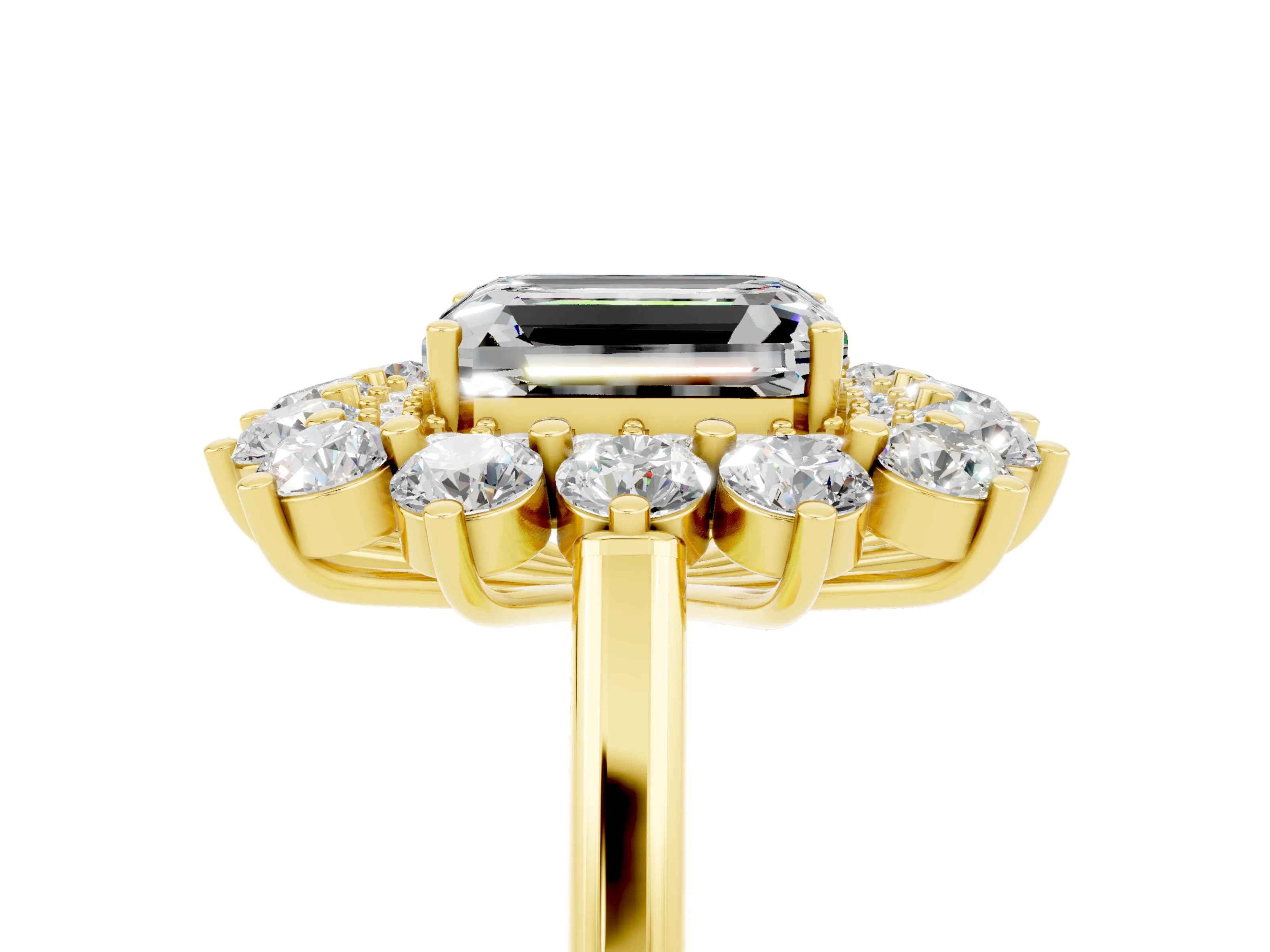 Yellow gold Emerald Cut Halo Cluster Diamond Ring with Pave Band and Four-Prong Setting_23