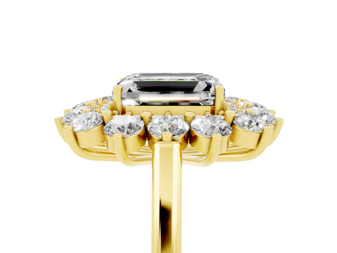 Yellow gold Emerald Cut Halo Cluster Diamond Ring with Pave Band and Four-Prong Setting_23