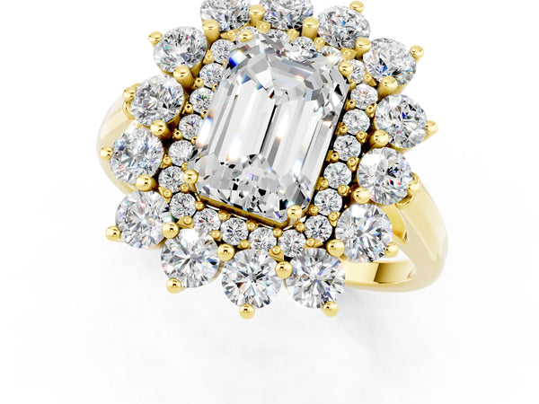 Yellow gold Emerald Cut Moissanite Floral Double Halo Engagement Ring with Prong Setting