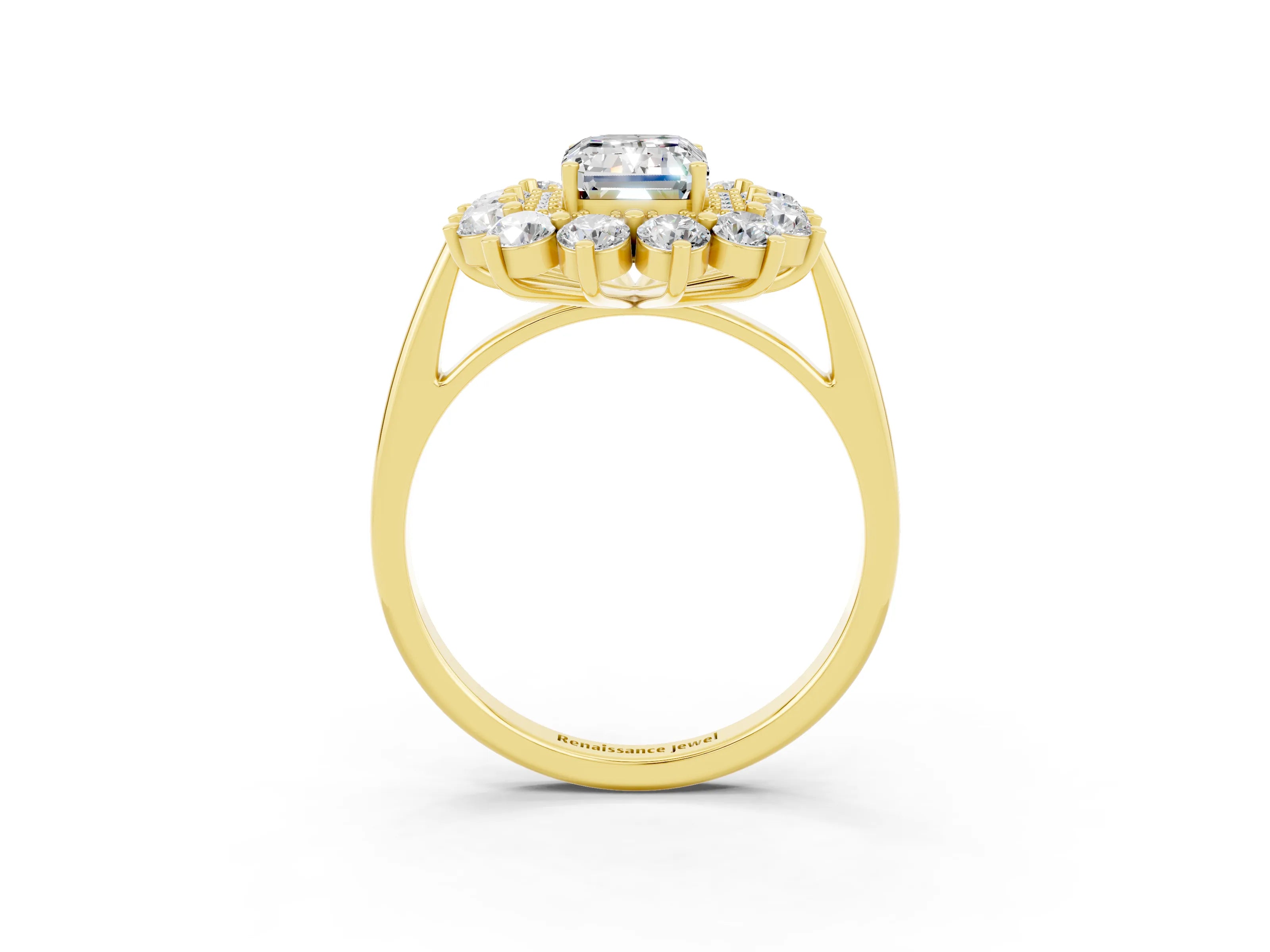Yellow gold Emerald Cut Halo Cluster Diamond Ring with Pave Band and Four-Prong Setting_27