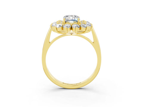 Yellow gold Emerald Cut Halo Cluster Diamond Ring with Pave Band and Four-Prong Setting_27