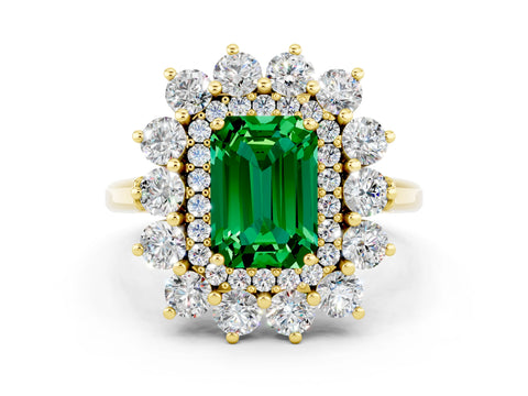 Yellow gold Emerald Cut Halo Cluster Diamond Ring with Pave Band and Four-Prong Setting