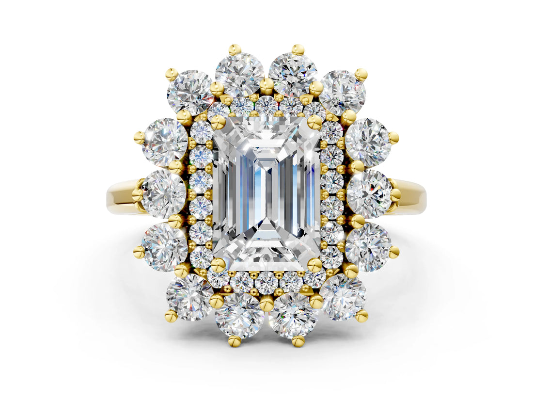 Yellow gold Emerald Cut Halo Cluster Diamond Ring with Pave Band and Four-Prong Setting_29