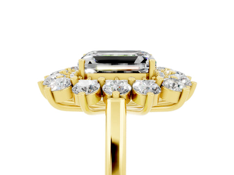 Yellow gold Emerald Cut Halo Cluster Diamond Ring with Pave Band and Four-Prong Setting_29