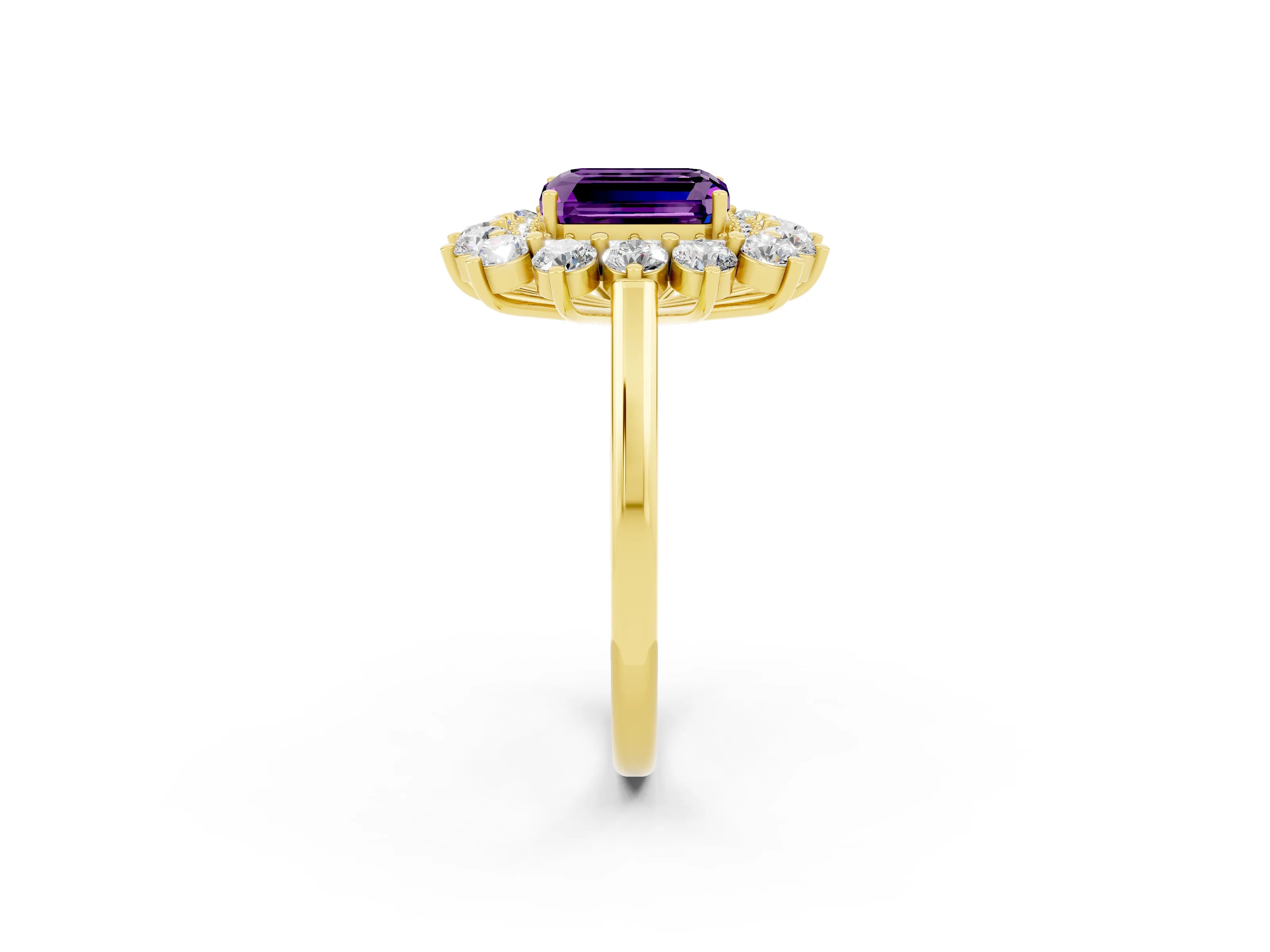 Yellow gold Emerald Cut Halo Cluster Diamond Ring with Pave Band and Four-Prong Setting_2