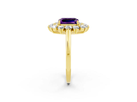 Yellow gold Emerald Cut Halo Cluster Diamond Ring with Pave Band and Four-Prong Setting_2