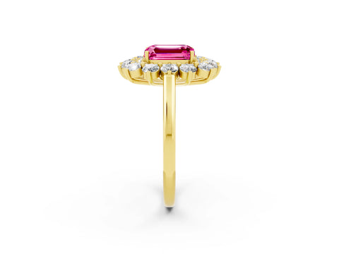 Yellow gold Emerald Cut Halo Cluster Diamond Ring with Pave Band and Four-Prong Setting_2