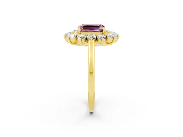 Yellow gold Emerald Cut Halo Cluster Diamond Ring with Pave Band and Four-Prong Setting