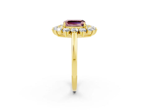 Yellow gold Emerald Cut Halo Cluster Diamond Ring with Pave Band and Four-Prong Setting_2