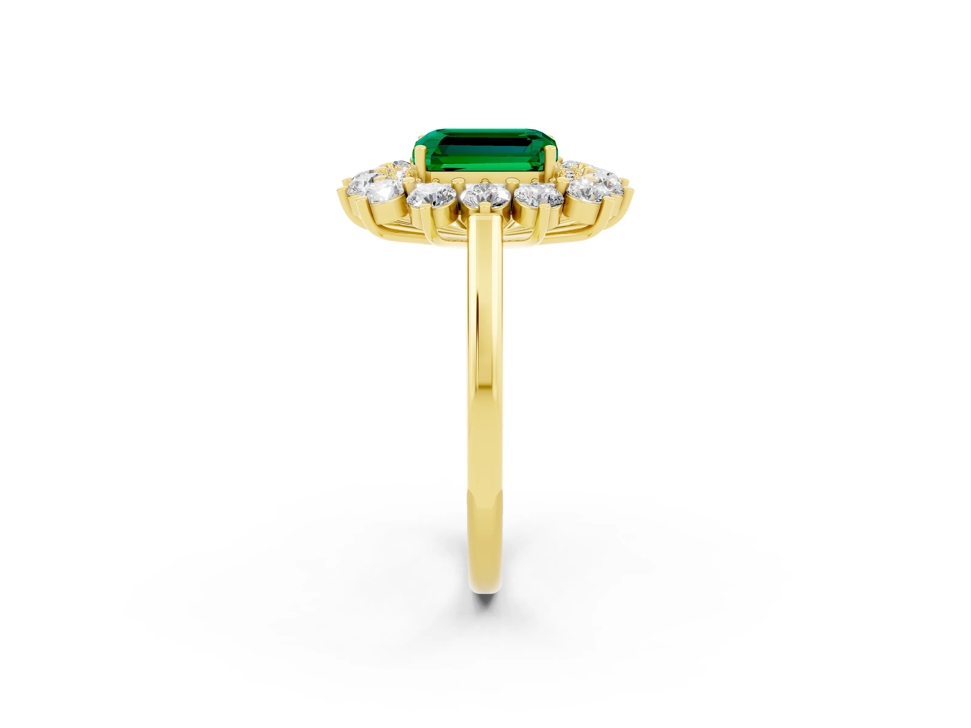Yellow gold Emerald Cut Halo Cluster Diamond Ring with Pave Band and Four-Prong Setting_2