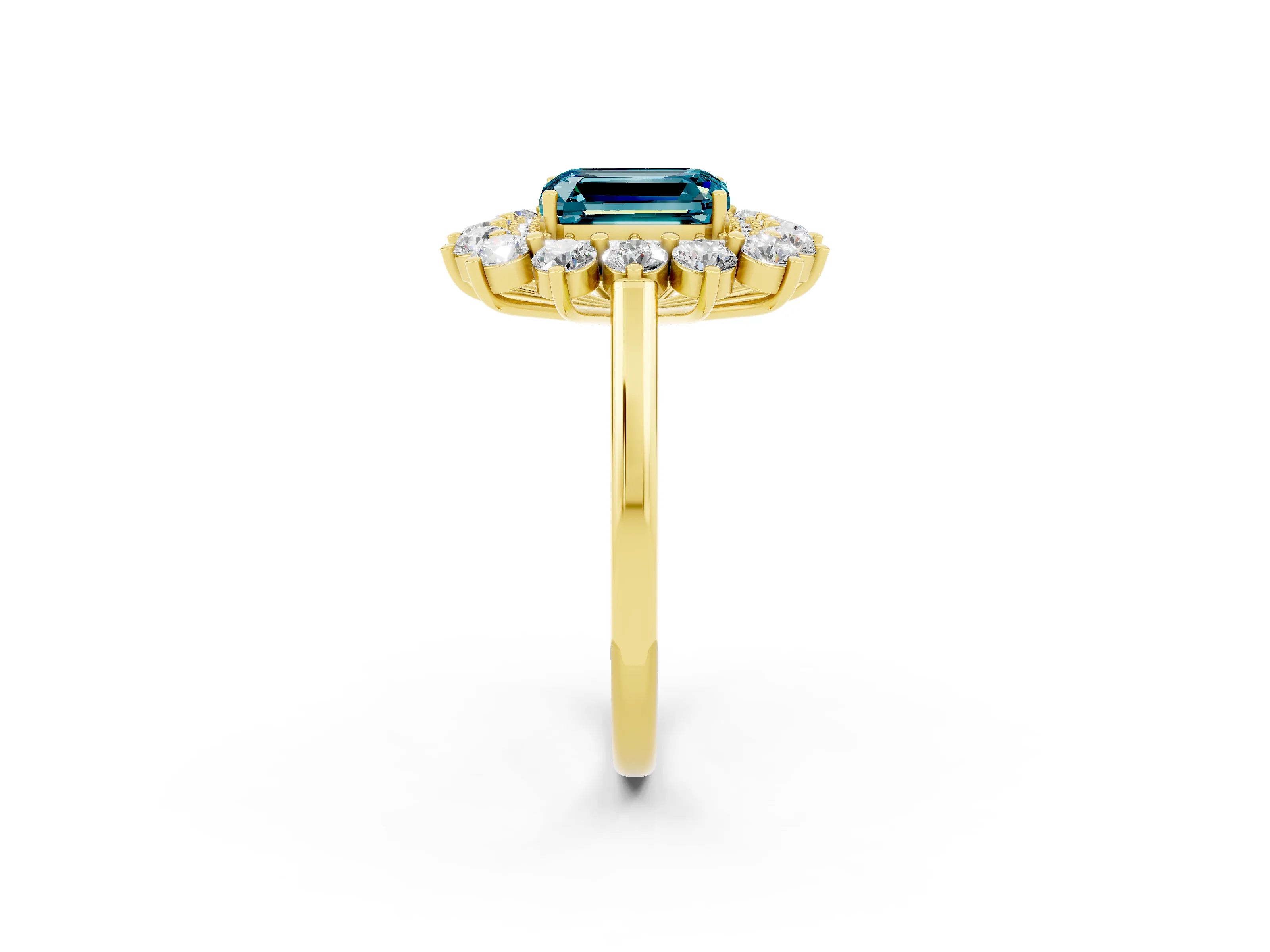 Yellow gold Emerald Cut Halo Cluster Diamond Ring with Pave Band and Four-Prong Setting_2