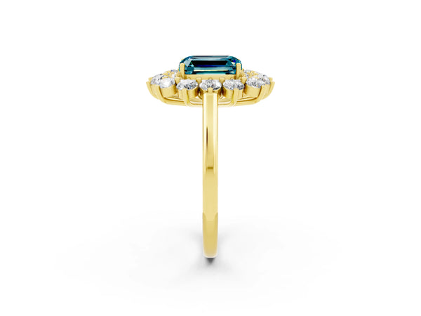 Yellow gold Emerald Cut Halo Cluster Diamond Ring with Pave Band and Four-Prong Setting