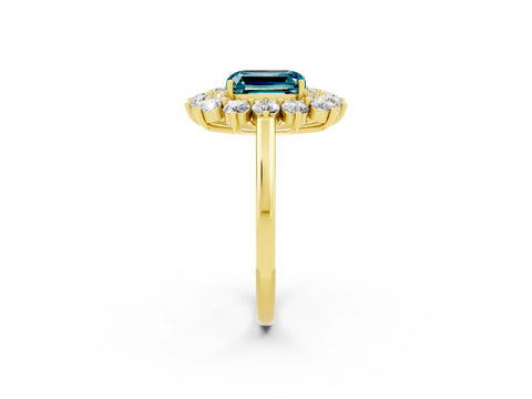 Yellow gold Emerald Cut Halo Cluster Diamond Ring with Pave Band and Four-Prong Setting_2