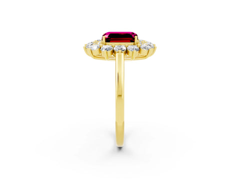 Yellow gold Emerald Cut Halo Cluster Diamond Ring with Pave Band and Four-Prong Setting_2