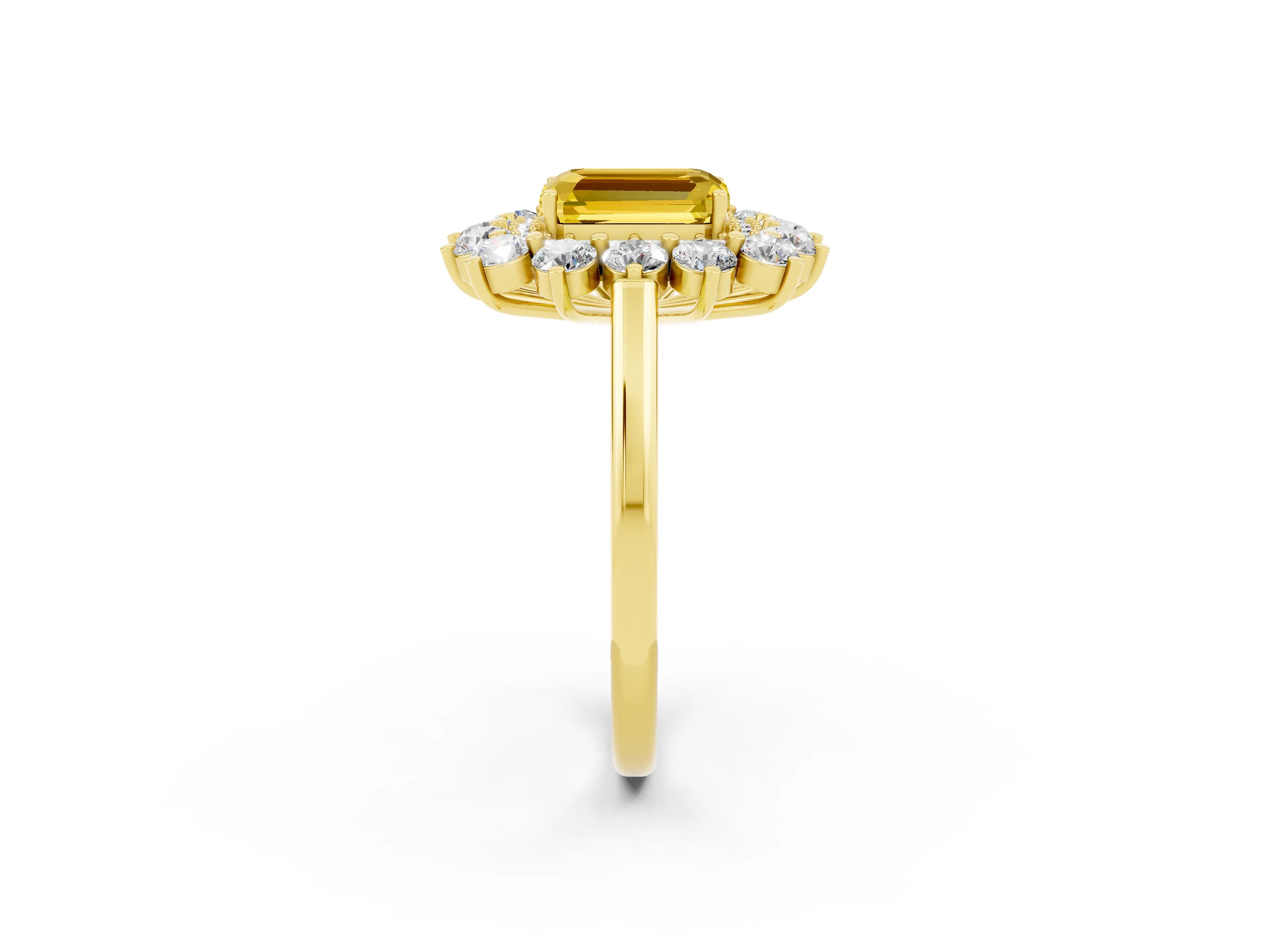 Yellow gold Emerald Cut Halo Cluster Diamond Ring with Pave Band and Four-Prong Setting_2